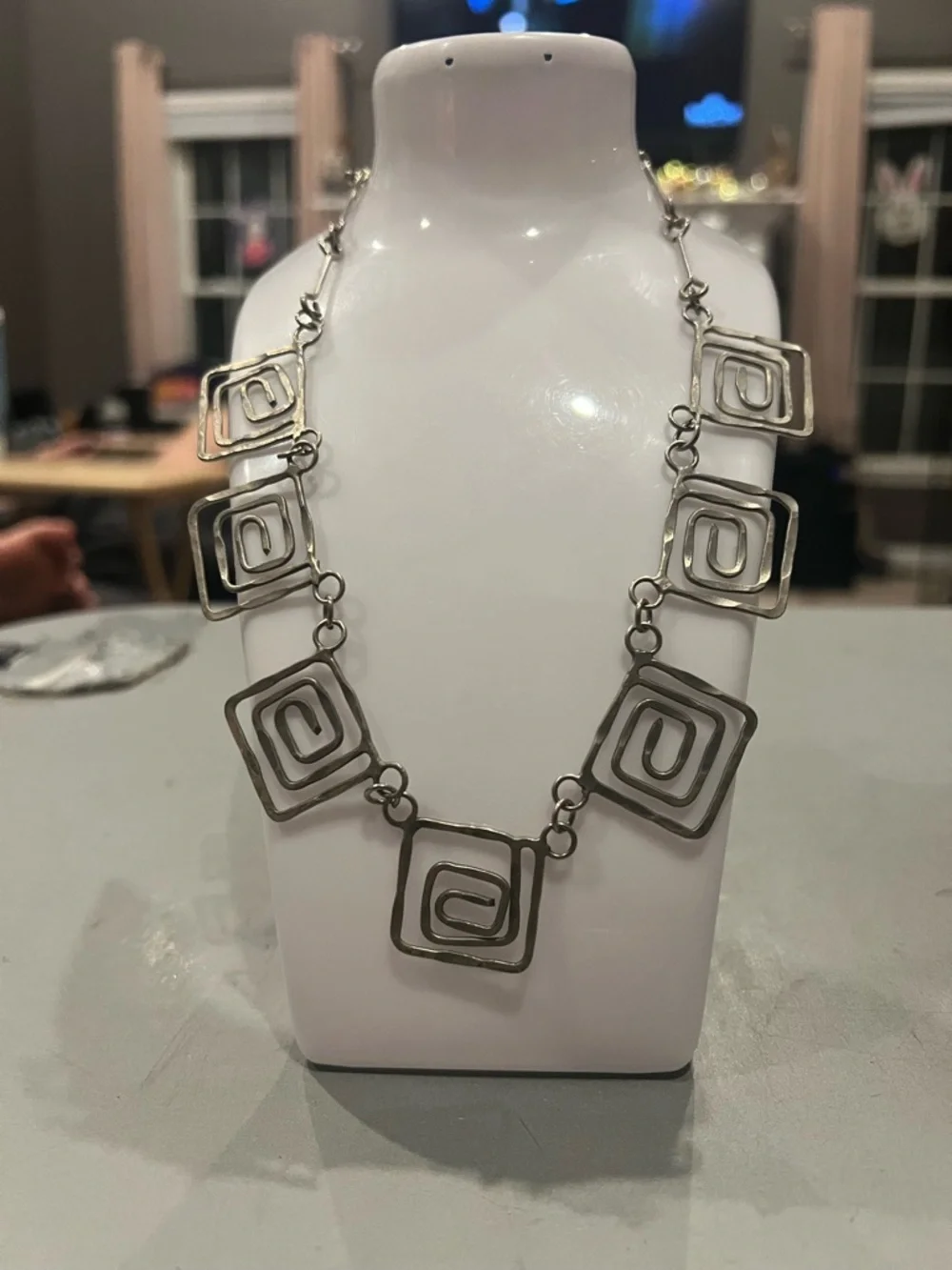 Boho Chunky Bib Necklace – Antique Silver Rectangle Spiral Design